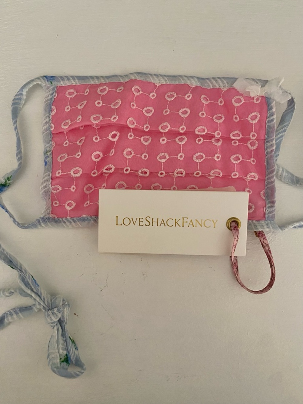 LoveShackFancy Pink Embroidered Mask with Blue Trim